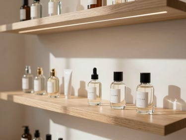 Elegant retail shelving in a high-end Milanese boutique, featuring minimalist glass bottles of cosmetics. Soft natural light casting gentle shadows across the clean, wooden display.