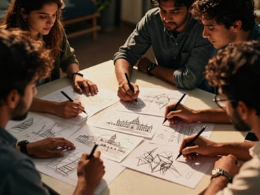 Creative team collaborating over storyboards for a social media campaign, showing sketches of Pune landmarks, high-contrast studio lighting.