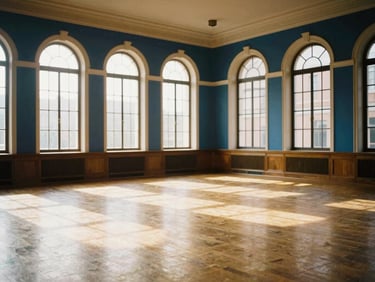 An empty historic meeting hall filled with natural light, high ceilings, arched windows, warm editorial photography, deep blues and rich gold tones, 35mm