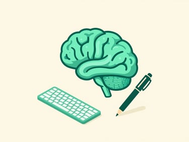 Clean vector illustration of a stylized AI brain interface connected to a keyboard and pen, representing intelligent writing assistance. Emerald and cream tones, minimalist tech startup aesthetic.