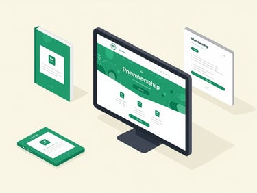 Clean vector illustration of various digital product mockups (ebook cover, course landing page, membership portal) arranged on a screen, ready for customization. Emerald and cream tones, minimalist tech startup aesthetic.