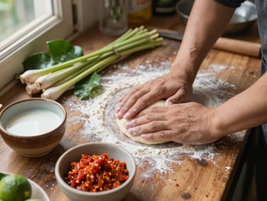 Close-up overhead shot of hands pressing dough on a Thai cooking class counter, fresh kaffir lime leaves and lemongrass arranged nearby, natural window light from the left, ceramic bowls of coconut milk and chili paste mid-prep, worn wooden surface with flour dusting