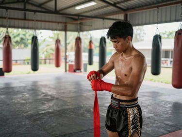 Environmental wide shot inside a Muay Thai training camp in Bangkok, a student wrapping their hands with red gauze tape at the edge of the ring, natural morning light through open gym doors, heavy bags hanging in the background, scuffed canvas floor visible, authentic camp atmosphere