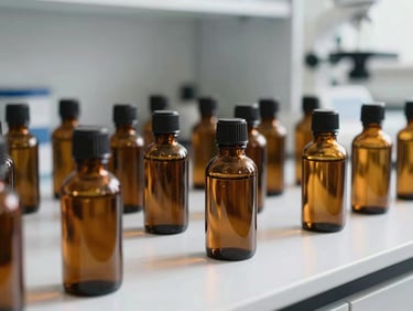 High-end amber glass bottles of Ayurvedic herbal extracts on a clean laboratory counter, bright natural daylight