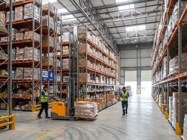 Clean editorial B2B photography of a modern structured warehouse in India, bright natural daylight, crisp industrial tones, sharp focus, 35mm lens