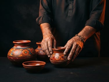 Pakistani artisan's hands carefully arranging traditional pottery on a matte black background, illuminated by vibrant orange studio lighting, sharp focus, premium editorial, 35mm