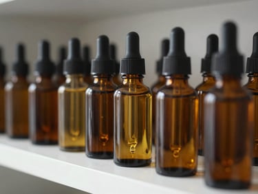 Tight close-up of dark glass dropper bottles of herbal oil arranged on a clean white shelf under even natural daylight, oils showing golden translucency