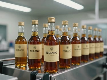 Medium shot of amber glass syrup bottles sealed and labeled on a stainless steel production line under bright fluorescent facility lighting