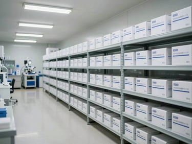 Wide view of a clean pharmaceutical packaging and dispatch area with labeled product boxes on shelving under even fluorescent lighting, no people, organized and industrial