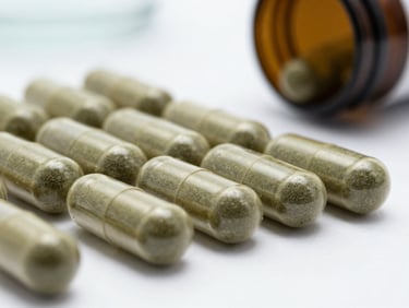 Close-up of uniform dark green herbal capsules arranged in a row on a white laboratory surface under bright even studio lighting, shallow depth of field