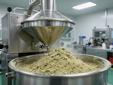 Wide shot of stainless steel powder-blending equipment with fine herbal powder in a clean GMP manufacturing room, bright overhead lighting, no personnel