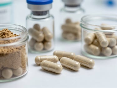 Close-up of uniform Ayurvedic capsules and powder in clean laboratory containers on a white surface under bright even studio lighting, no people, clinical product presentation