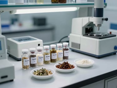 Laboratory quality control bench with Ayurvedic raw material samples in labeled vials and testing instruments under bright overhead lighting, no people, precise and clinical