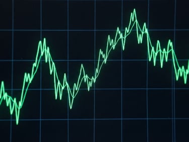Close-up of a glowing green vector line chart on a dark terminal screen, cool blue grid lines, high contrast, sharp focus, 16:9 aspect