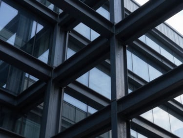 Close-up of modern architectural structural elements, intersecting steel and glass, crisp high-contrast lighting.