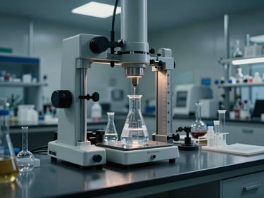 Controlled laboratory environment, a clear liquid in a volumetric flask, precise measurement equipment, soft industrial lighting, reflecting steel surfaces, with a focus on purity.