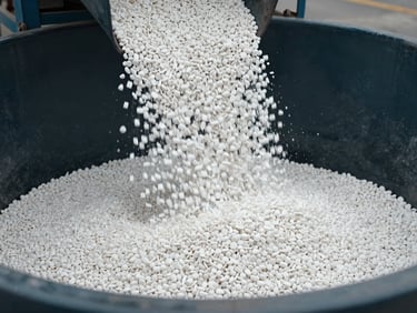 Close-up of white HDPE pellets flowing into a large industrial container, low angle, focused on volume.