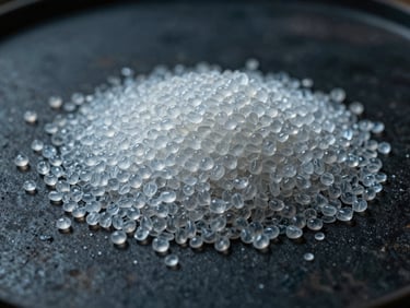 Macro shot of translucent polypropylene granules on a dark industrial surface, sharp focus, dramatic lighting.