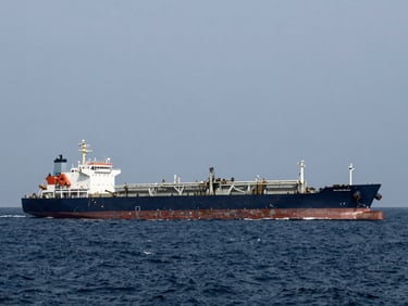Large bulk chemical tanker ship navigating open ocean under overcast sky, wide-angle lens, deep navy and steel tones, industrial documentary photography.