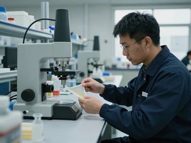 Laboratory technician performing quality control tests on a polymer sample, industrial setting, focused on precision.