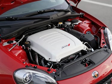 Clean red compact sports car, close-up of engine bay, white and red accents, professional studio lighting, 50mm