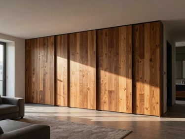 Interior of a modern open-plan living room, showing a newly installed wooden lambrin wall panel, warm ambient lighting