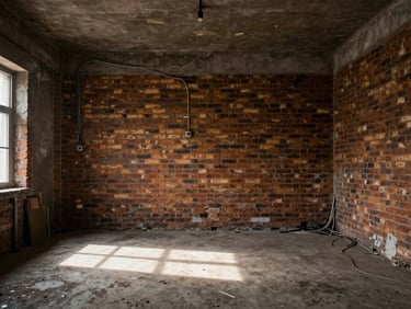 Interior of an old, dark, unrenovated brick room with messy wiring and low light, showing raw potential before intervention