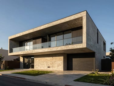 Wide-angle architectural exterior of a contemporary concrete and steel residence in Hidalgo, sharp geometric lines, warm sunlight casting deep shadows on the facade