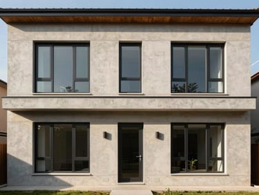 Symmetrical straight-on shot of a newly built modern two-story house facade, clean concrete finishes, black window frames, daylight