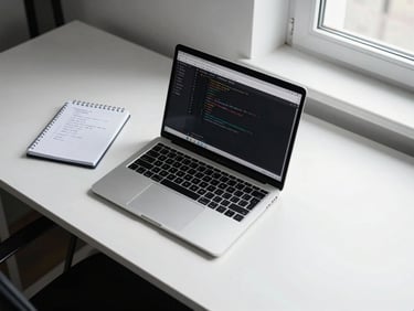 Wide shot of a sparse developer workspace from above — a single open laptop displaying a code editor on a white desk, a small notepad with handwritten requirements visible to the left, clean natural window light from the right, no clutter, high contrast monochromatic tones