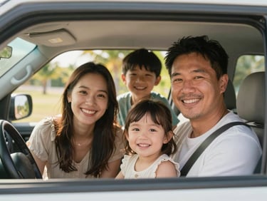 A close-up portrait of a happy family smiling inside a clean, modern air-conditioned SUV, bright tropical daylight.