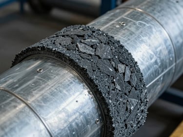Technical photography of fire-rated rock wool wrap around heavy industrial ductwork, cool metallic and slate tones, sharp detail, 35mm