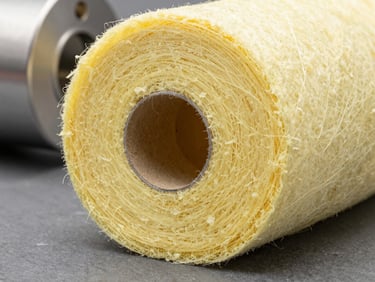 Macro close-up of yellow glass wool fiber roll, showing high density and uniform texture, crisp industrial studio lighting