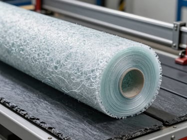 Crisp studio photography of high-density glass wool roll on an industrial cutting table, cool slate tones, sharp technical detail, 35mm