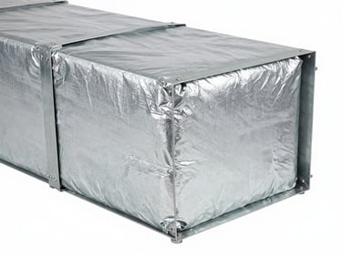 Crisp industrial studio shot of a massive rectangular metal HVAC duct wrapped in high-density insulation, clean metallic surfaces, sharp technical lighting