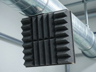 Industrial photography of acoustic insulation panels installed inside a large metallic HVAC duct, clean commercial setting, bright technical lighting, 35mm