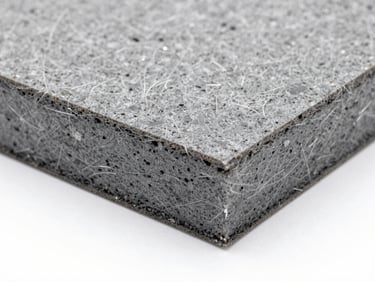Macro close-up of semi-rigid gray rock wool panel, showing dense mineral fibers, technical studio lighting