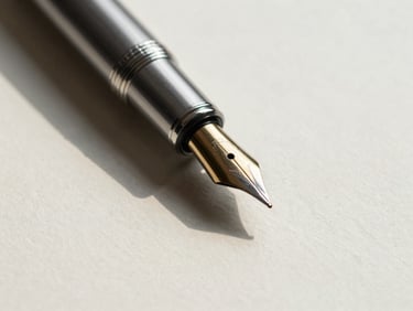 Macro close-up of a high-end fountain pen resting on textured heavy cream paper, sharp clean shadows, minimalist corporate aesthetic, overcast daylight.