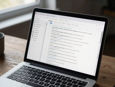 Overhead shot of a laptop screen displaying a citation manager interface with a list of academic references, organized desk, soft cool daylight from window at top left