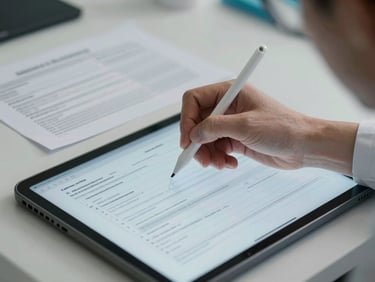Close-up of a researcher's hand using a stylus on a tablet to annotate a survey instrument draft, printed consent form visible in background, cool fluorescent light, clean desk surface