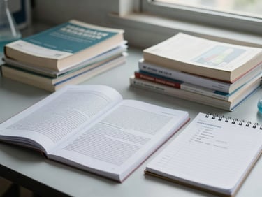 Environmental shot of an organized research workspace with a printed journal article, a stack of peer-reviewed books, and a notepad with a structured outline, soft daylight from a side window