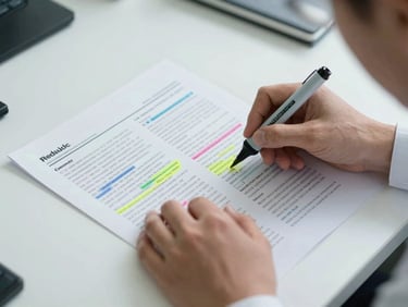 Close-up overhead shot of a researcher's hands marking up a printed literature review with colored highlighters, dense margin annotations visible, cool fluorescent office light, clean white desk surface