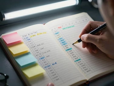 Close-up of a researcher's notebook with a hand-drawn qualitative coding matrix, color-coded sticky notes arranged in columns beside it, cool overhead fluorescent light, no person visible