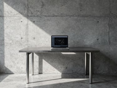 Wide architectural crop of a minimalist concrete workspace, sharp shadows, cool-toned daylight, a single metal desk with a clean laptop screen showing a technical layout.
