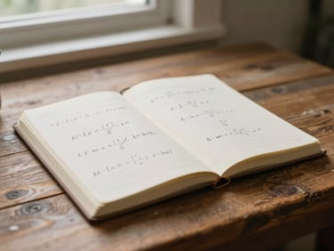 A close-up of a rustic wooden desk with a notebook showing clean mathematical formulas, warm natural lighting, shallow depth of field