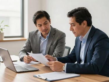 Dos empresarios mexicanos colaborando en una mesa de trabajo, revisando documentos y una tablet, con luz natural y un ambiente profesional.