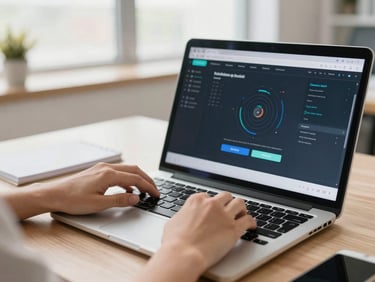Primer plano de manos escribiendo en un teclado de laptop, con un gráfico de dominio web en la pantalla, luz natural en una oficina moderna.