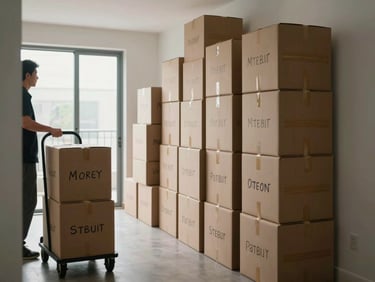 Wide environmental shot of a half-packed apartment hallway, neatly stacked boxes labeled in black marker, a single mover's hand on a dolly handle in frame left, cool north-facing window light, no staging