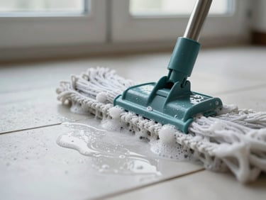 Extreme close-up of a mop head pressing against a white tile floor, soapy water spreading in a clean arc, north-facing daylight from a window above, no props beyond the tool itself