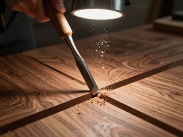 Overhead shot of a carpenter's chisel driving into a dovetail joint on a walnut board, fine sawdust suspended mid-air, clean strobe light from directly above, no background distractions